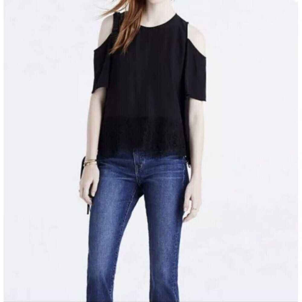 Madewell Lace Edged Silk Cold Shoulder Top Black Blouse small S N26